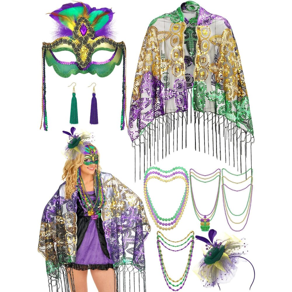 2516 16 Pcs Mardi Gras Costume Accessory Set Mardi Gras Shawl